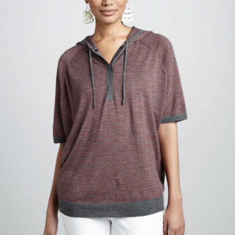 Eileen Fisher merino wool Ash Lava striped short sleeve hoodie size L